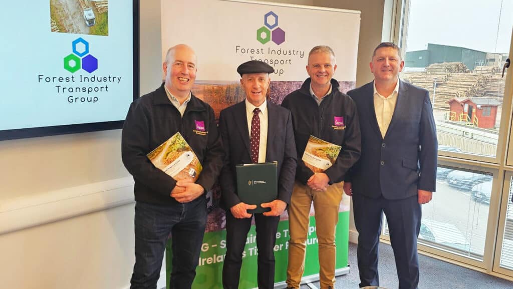 Trevor McHugh, Managing Director - Commercial at Veon, Minister Michael Healy-Rae, Dermot Fenton, Woodland Resource Manager at Veon, Des Phelan, Chairman of the Forest Industry Transport Group (FITG)