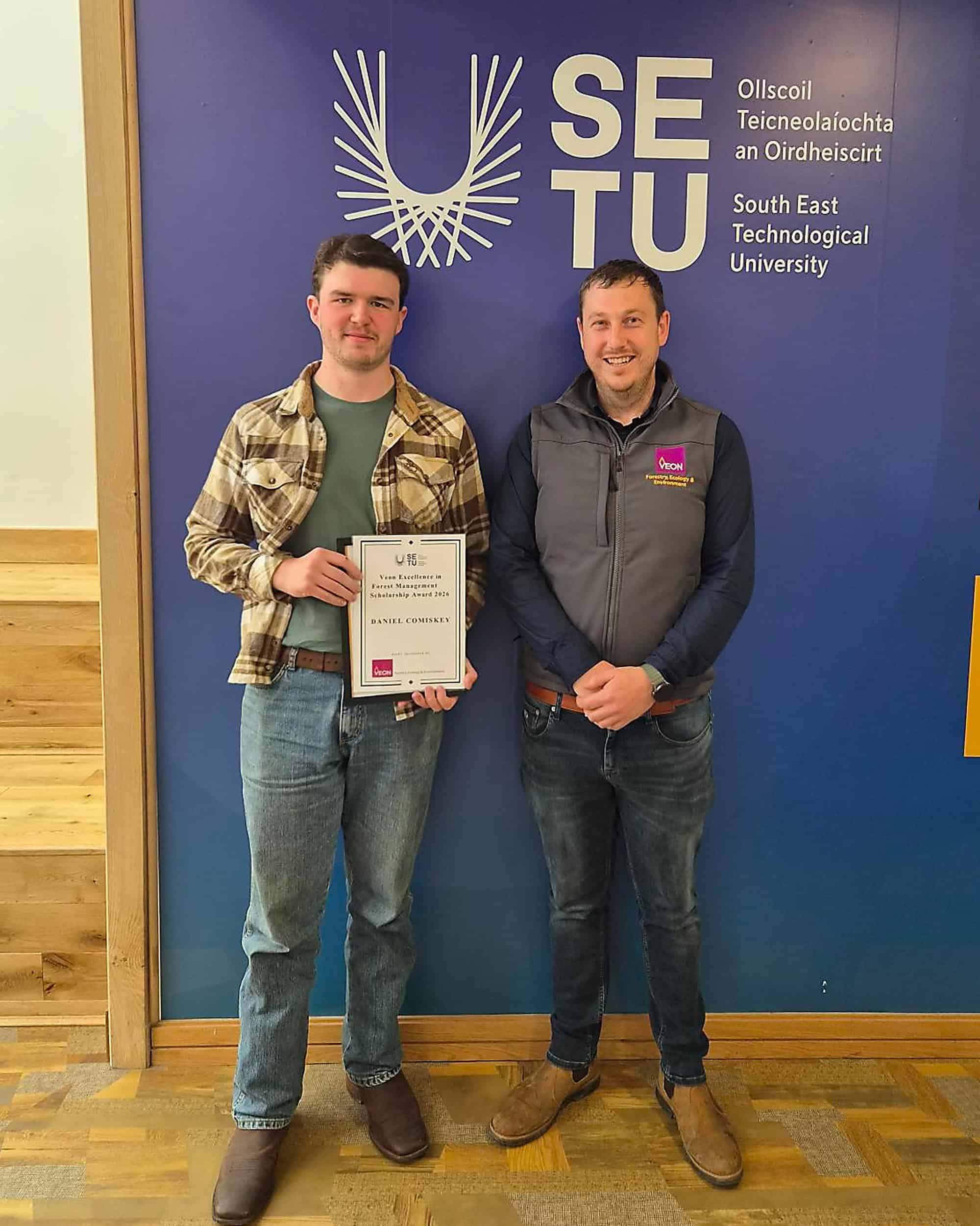 Mr. Daniel Comiskey, scholarship winner with Conor Kavanagh, Harvesting and Forest Certification Manager at Veon Ltd.